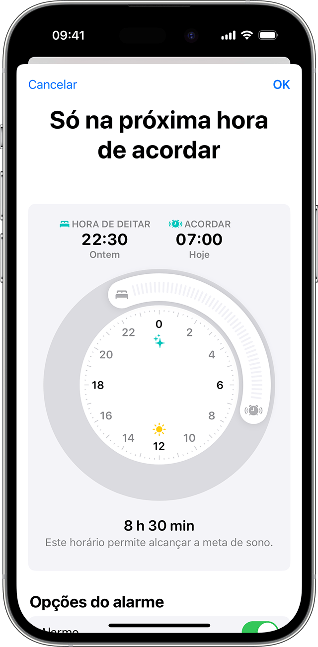 Um ecrã do iPhone a mostrar as opções para editar Só na próxima hora de acordar