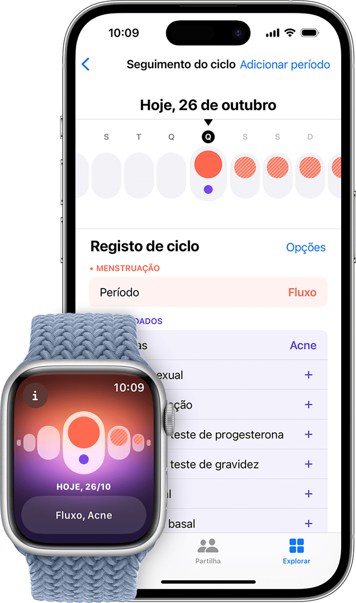 A app Seguimento do ciclo no Apple Watch e a app Saúde no iPhone