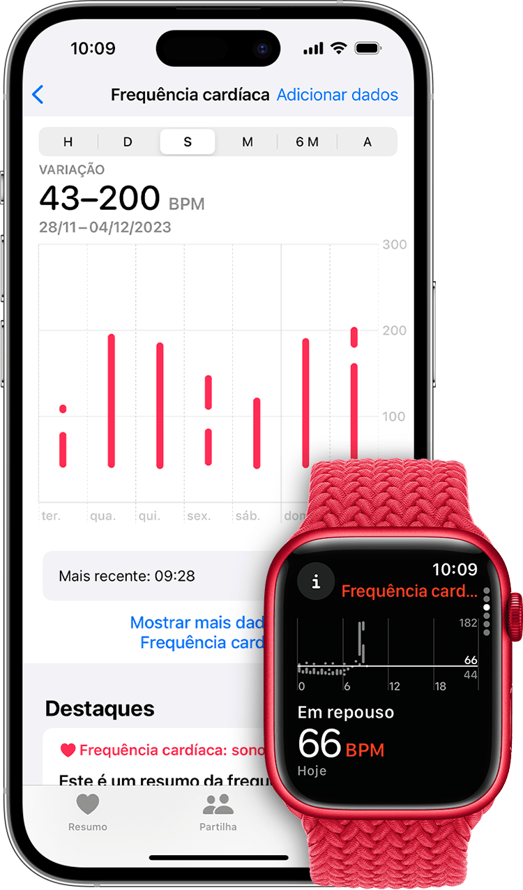 As medições de frequência cardíaca na app Saúde no iPhone e a frequência cardíaca em repouso na app no Apple Watch