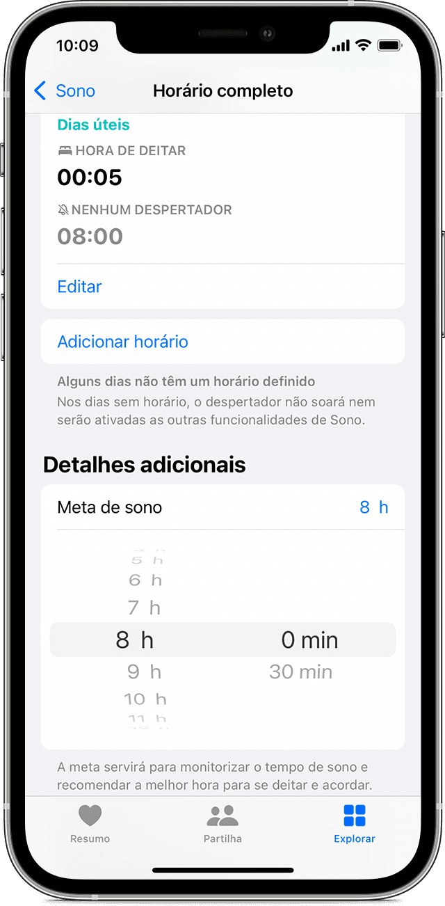 Um ecrã do iPhone a mostrar as opções para ajustar uma meta de sono