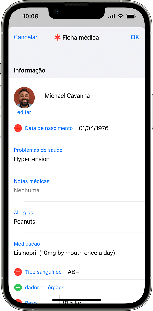Um ecrã do iPhone a mostrar informações da Ficha médica