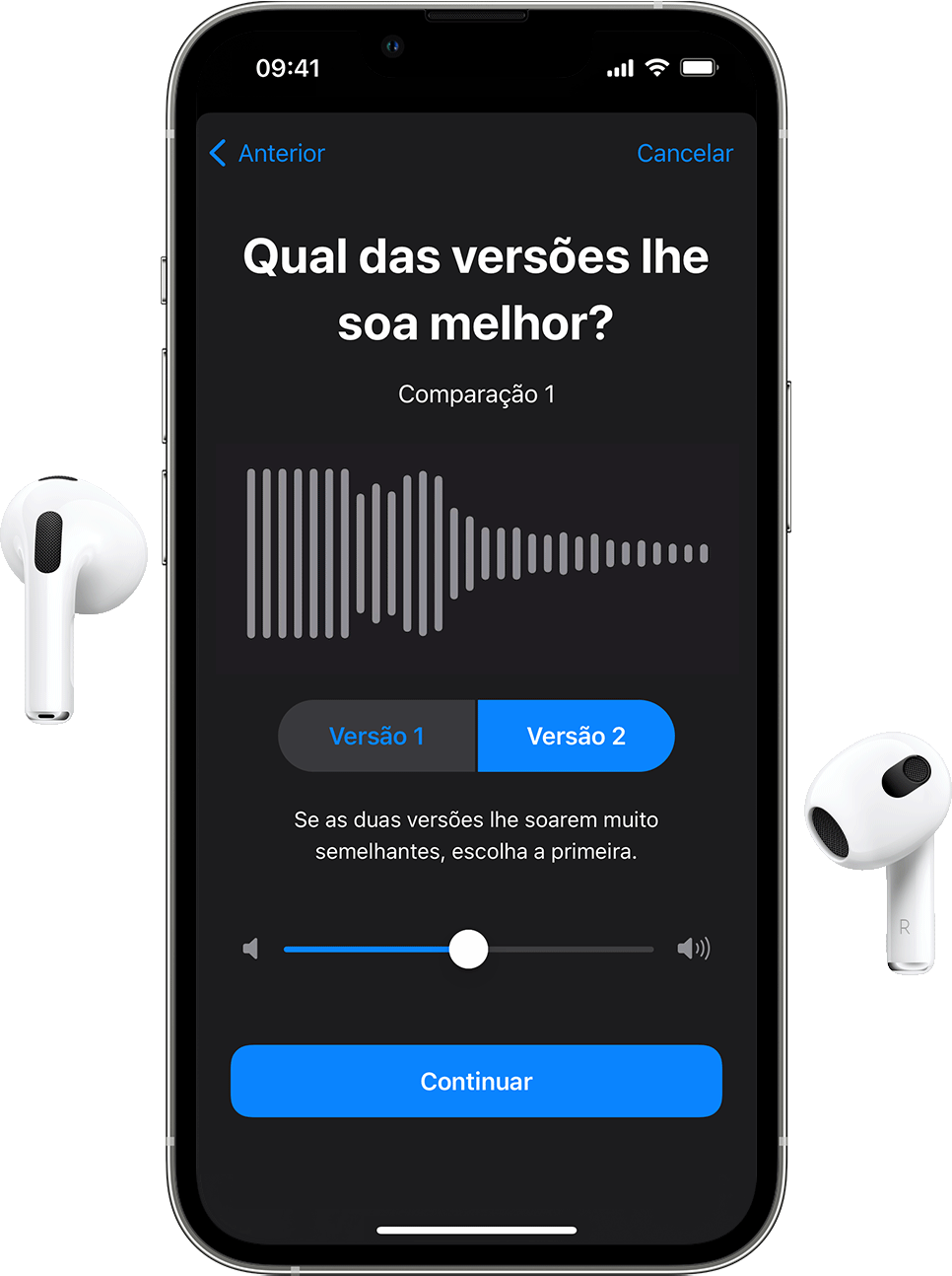 Uns AirPods e um iPhone a mostrar a Configuração de áudio personalizado a perguntar qual é a amostra de áudio que soa melhor.