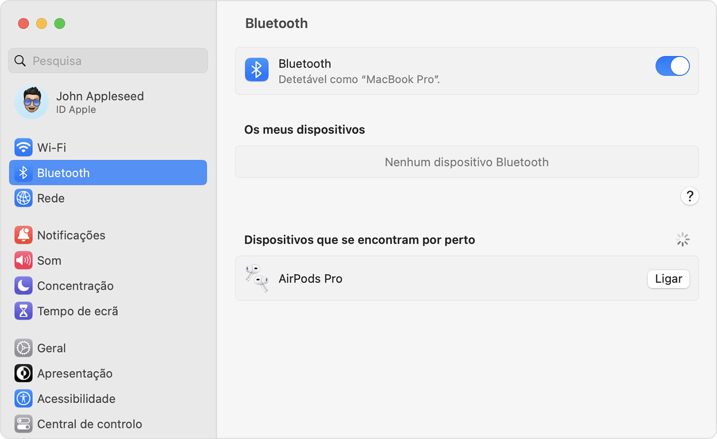Definições de Bluetooth nas Preferências do sistema no Mac
