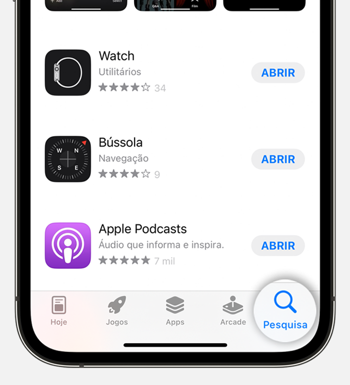 iPhone a mostrar o separador de pesquisa na parte inferior do ecrã na App Store.