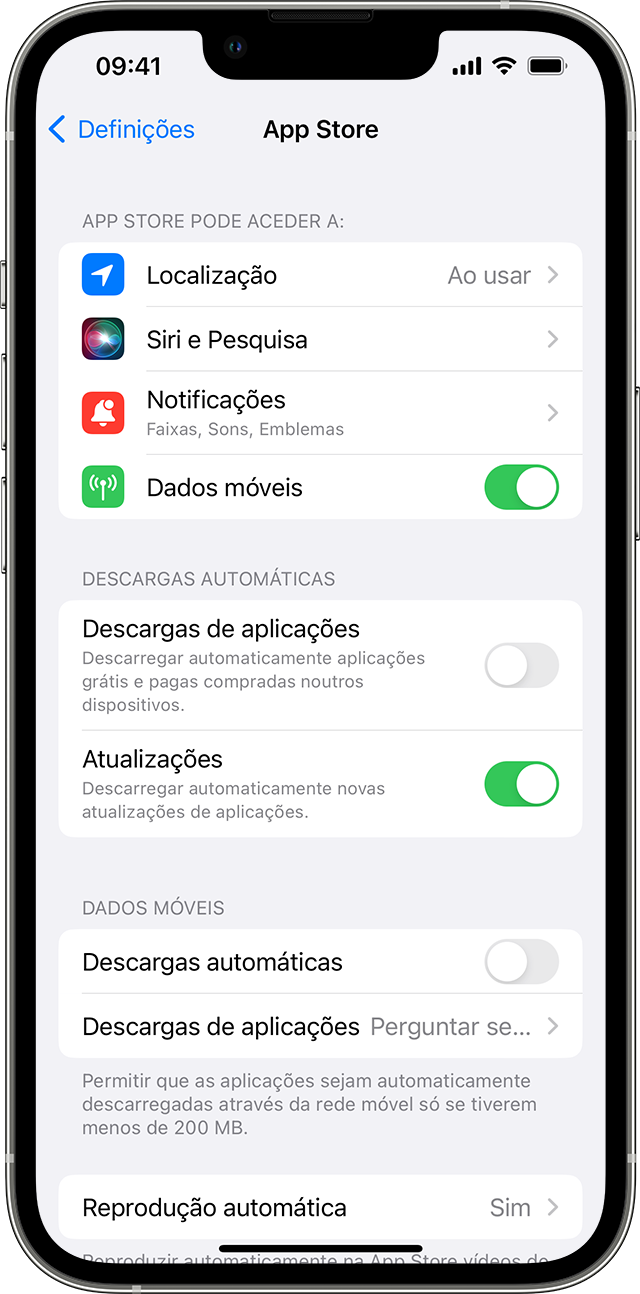 iPhone a mostrar as opções da App Store em Definições, incluindo Atualizações de aplicações.
