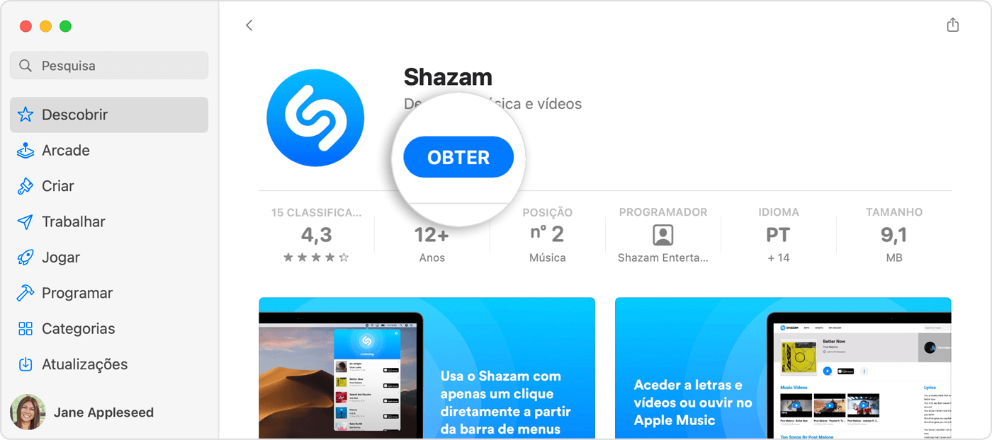 App Store no Mac a mostrar o botão azul Obter na página de produto da app Shazam.