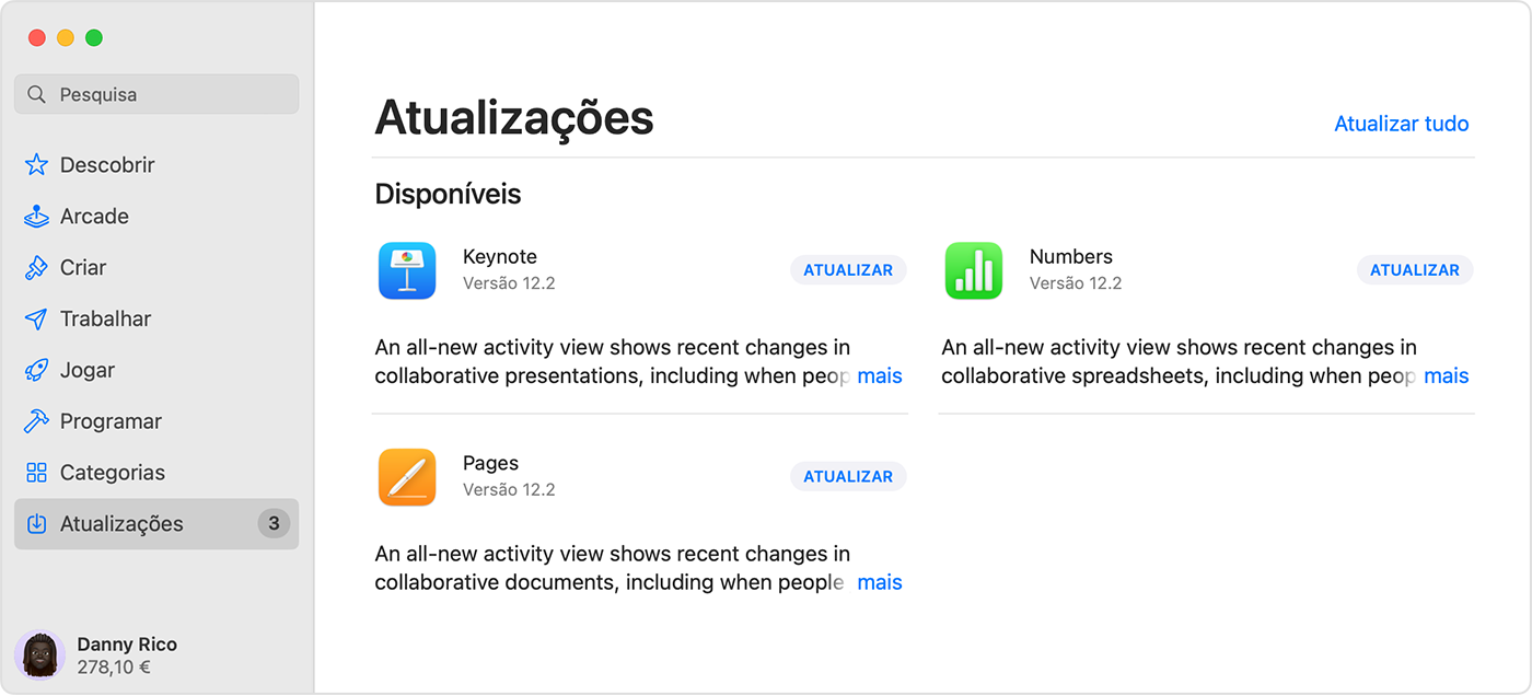 Mac a mostrar a página Atualizações na App Store.