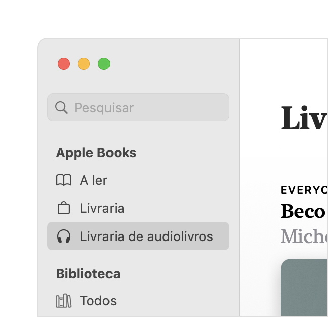 O separador Livraria de audiolivros na barra lateral do Mac