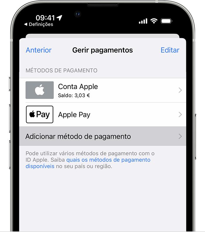 No iPhone, o botão Adicionar pagamento encontra-se por baixo da lista de métodos de pagamento.