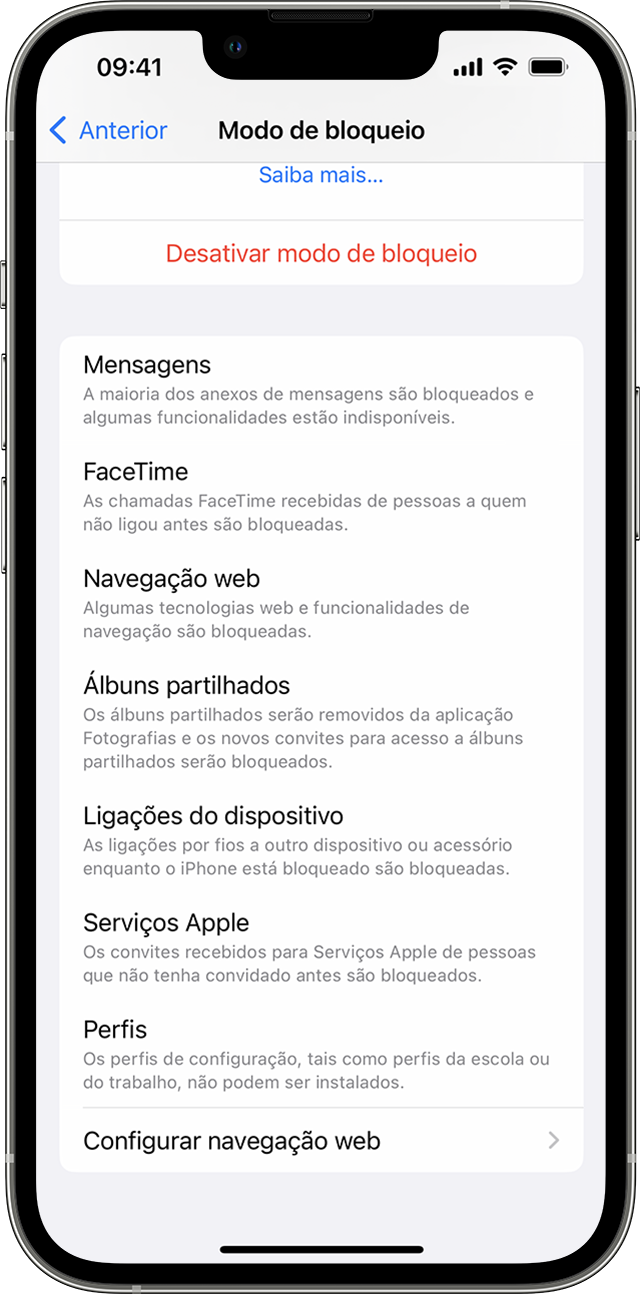 Excluir sites ou apps do Modo de bloqueio no iPhone