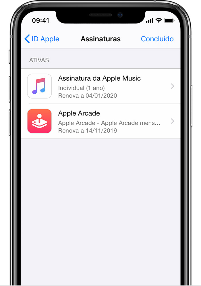 iPhone a mostrar assinaturas, incluindo da Apple Arcade, da Apple Music e da Apple News+. A data de renovação é apresentada para cada assinatura.