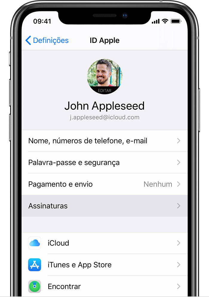 iPhone a mostrar onde pode encontrar as assinaturas nas Definições.