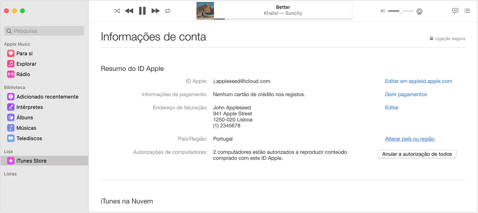 Mac a mostrar a página Informação da conta.