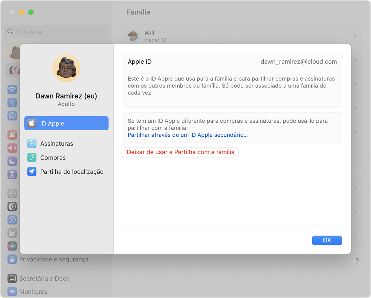 A opção Partilhar através de um ID Apple secundário está em texto azul.