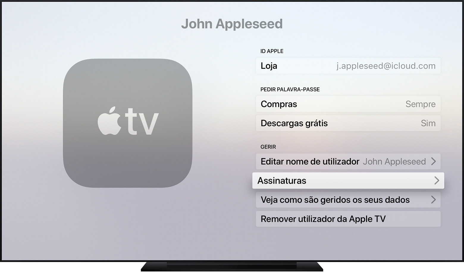 Apple TV a mostrar o botão Assinaturas nas Definições.