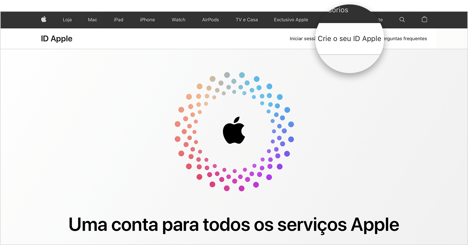 Uma captura de ecrã do site appleid.apple.com, que apresenta um logótipo Apple no centro do ecrã rodeado por círculos coloridos concêntricos.