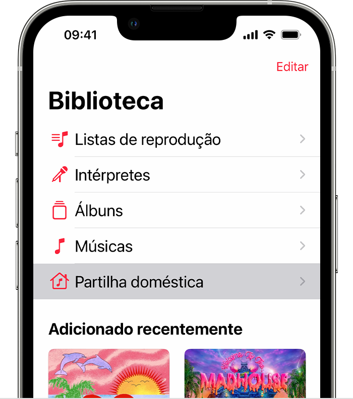 Partilha doméstica no separador Biblioteca da Apple Music num iPhone