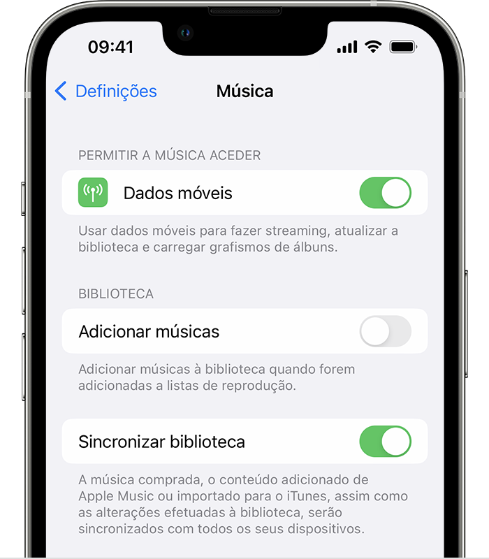 iPhone a mostrar as definições de Música e a opção Sincronizar biblioteca ativa