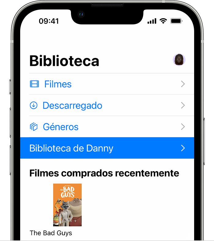 Uma biblioteca partilhada no separador Biblioteca da app Apple TV num iPhone