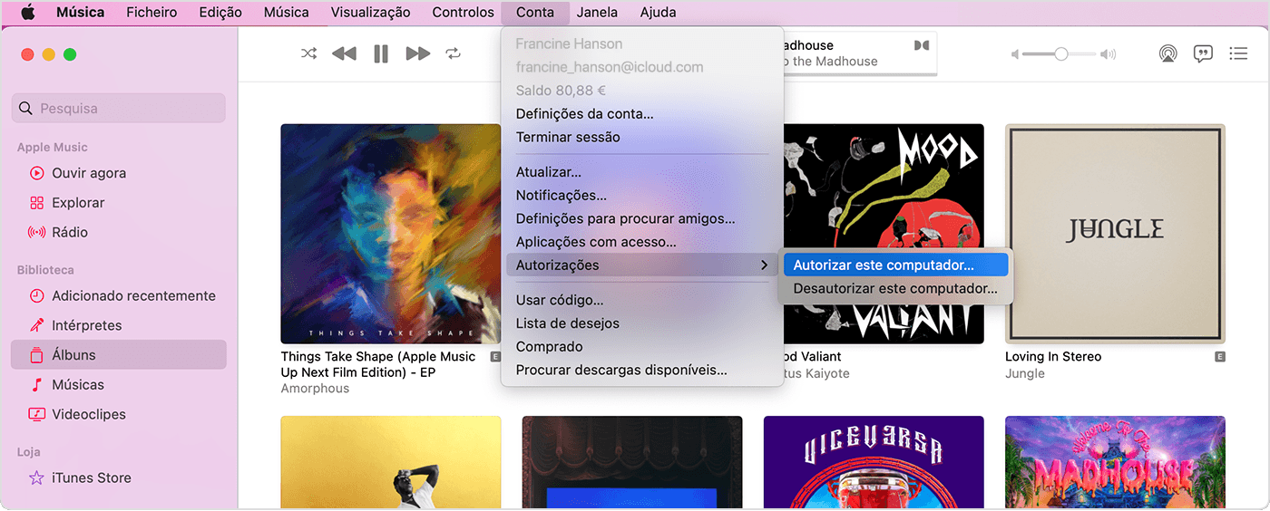 App Apple Music a mostrar o menu Conta, Autorizações e Autorizar este computador.