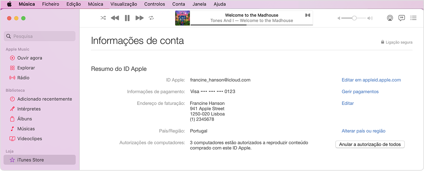 App Apple Music a mostrar a página Informação da conta.