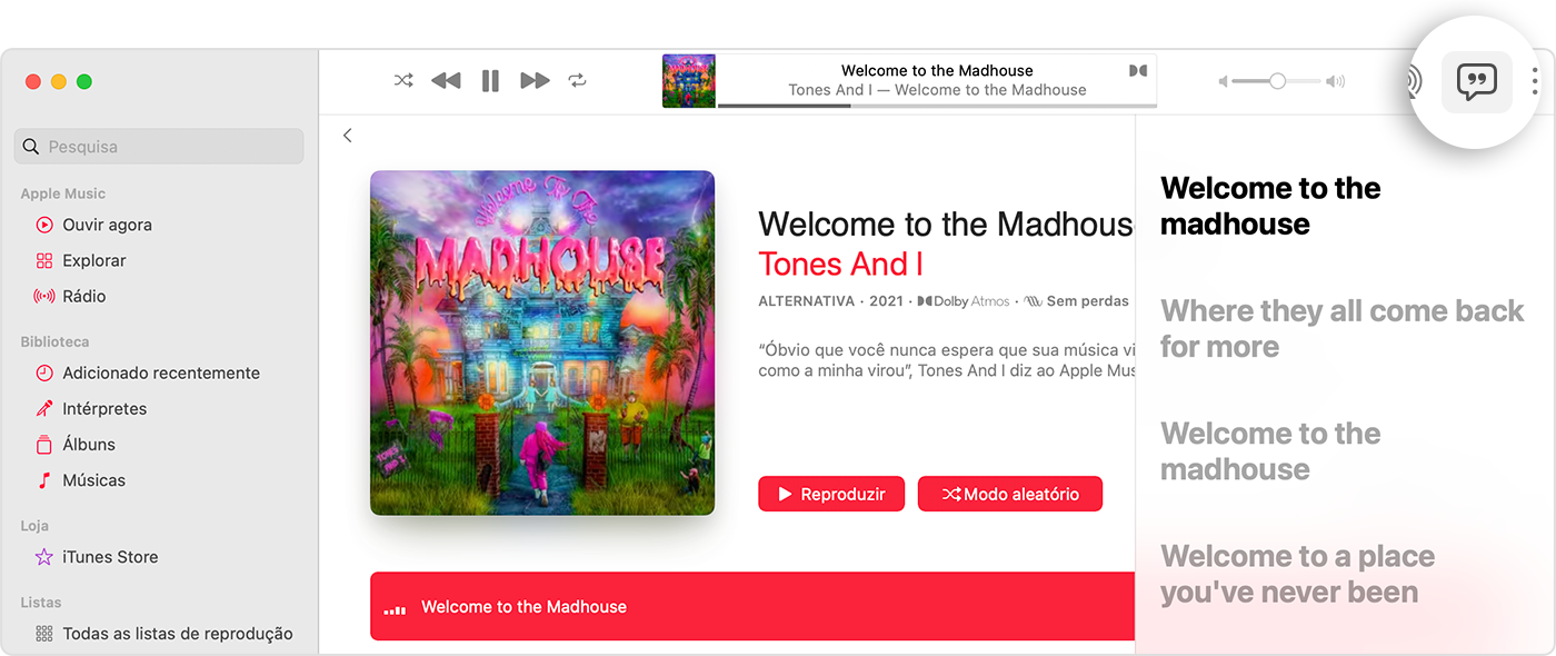 A app Apple Music no Mac a mostrar o botão Letra e a letra sincronizada