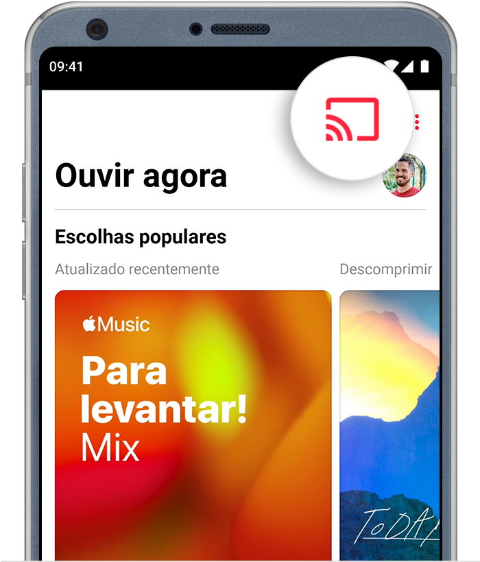 Um telemóvel Android a mostrar o botão Transmitir na parte superior da app Apple Music