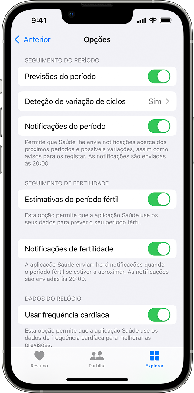 Opções da app Seguimento do ciclo para notificações de controlo do período e da fertilidade no iPhone