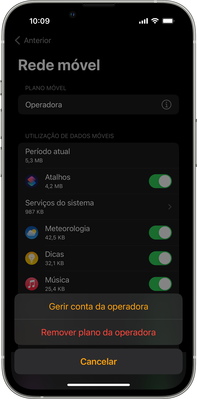 iPhone a mostrar o ecrã Dados móveis na app Watch