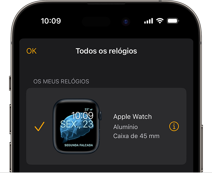 Os meus relógios na app Apple Watch no iPhone