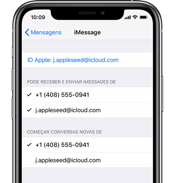 John Appleseed com sessão iniciada no iMessage com o ID Apple.