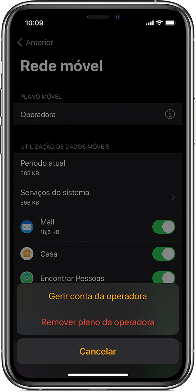 iPhone a mostrar o ecrã Dados móveis na app Watch