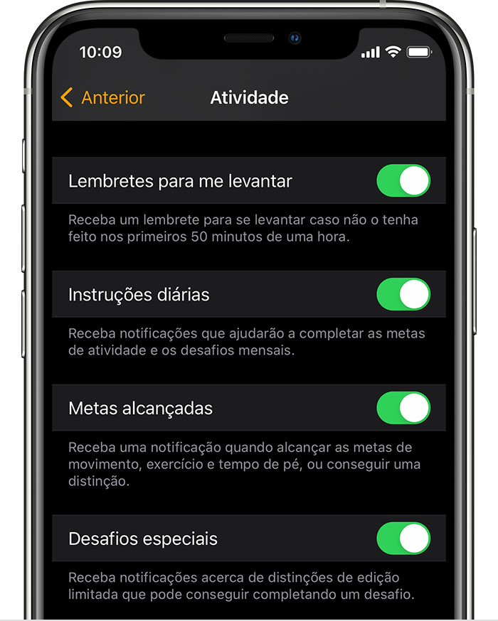 Um ecrã do iPhone a mostrar as opções de notificações e lembretes de atividade