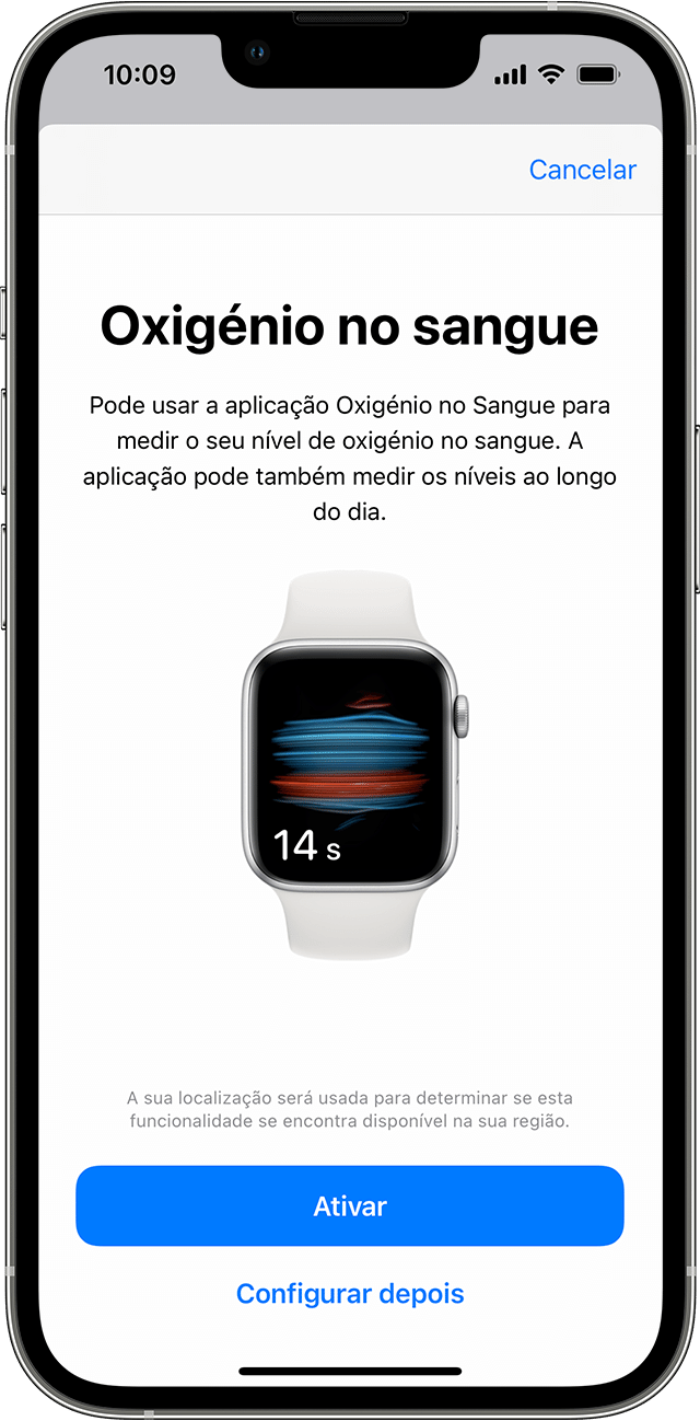 Um iPhone a mostrar o ecrã de configuração inicial da app Oxigénio no sangue.