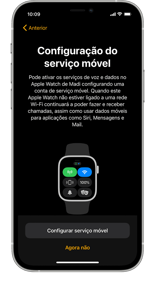 Ecrã Configuração do serviço móvel durante a configuração do Apple Watch no iPhone