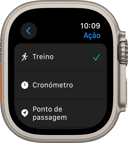 Apple Watch Ultra a mostrar o ecrã Ação e várias definições
