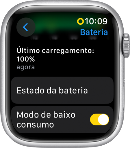 Um Apple Watch a mostrar o Modo de baixo consumo nas Definições
