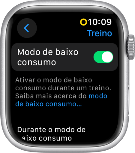Um Apple Watch a mostrar o Modo de baixo consumo nas Definições do treino
