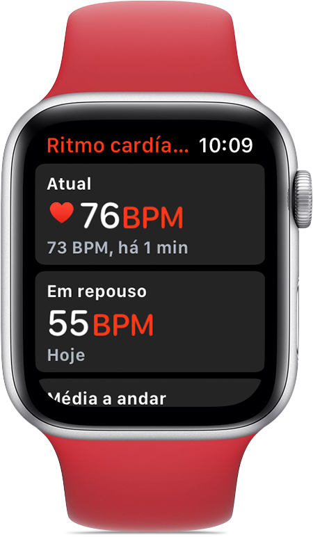 A app Ritmo cardíaco a mostrar um ritmo atual de 68 BPM e 56 BPM de ritmo cardíaco de repouso 