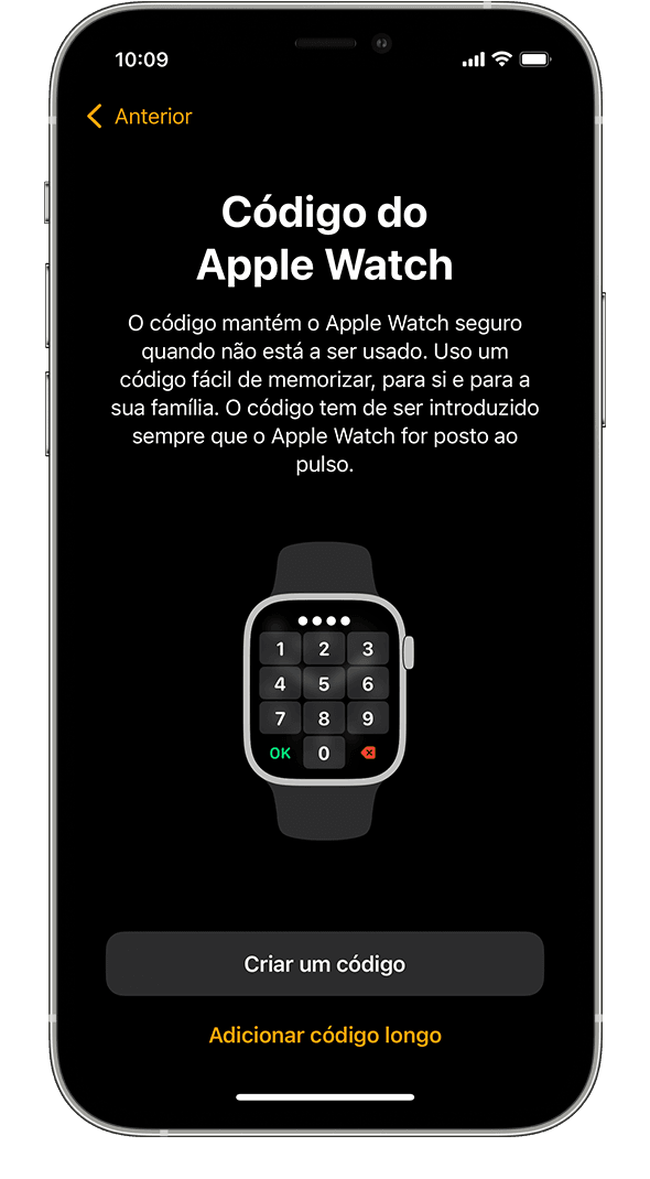 Ecrã de configuração do código do Apple Watch num iPhone.