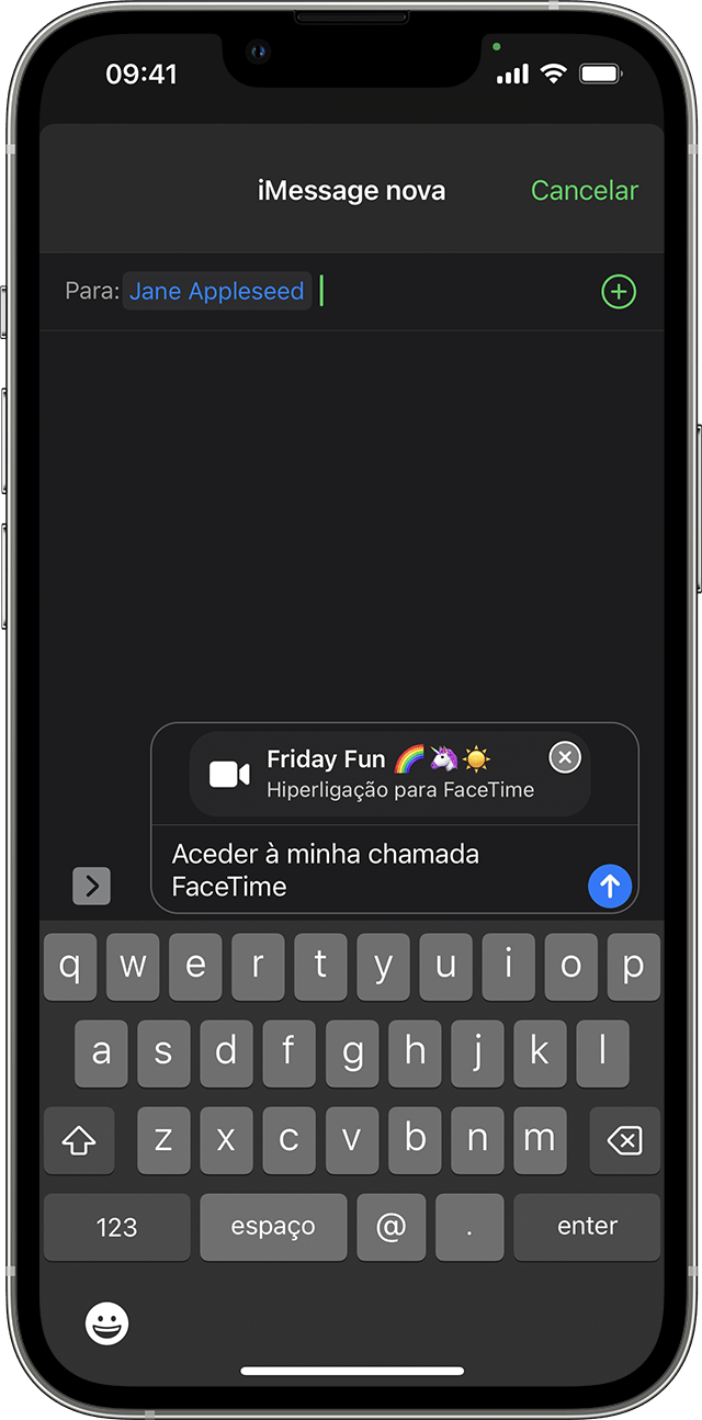 Um iPhone a mostrar o rascunho de uma nova iMessage a enviar com uma hiperligação para uma chamada FaceTime no campo de texto.