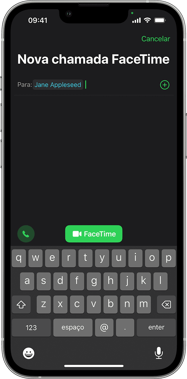 iPhone a mostrar a app Telefone durante uma chamada com Jane Appleseed. O botão FaceTime encontra-se na segunda linha de ícones, no centro do ecrã.