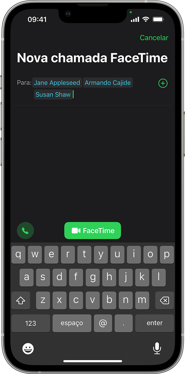 iPhone a mostrar como iniciar uma chamada FaceTime de grupo a partir da app FaceTime