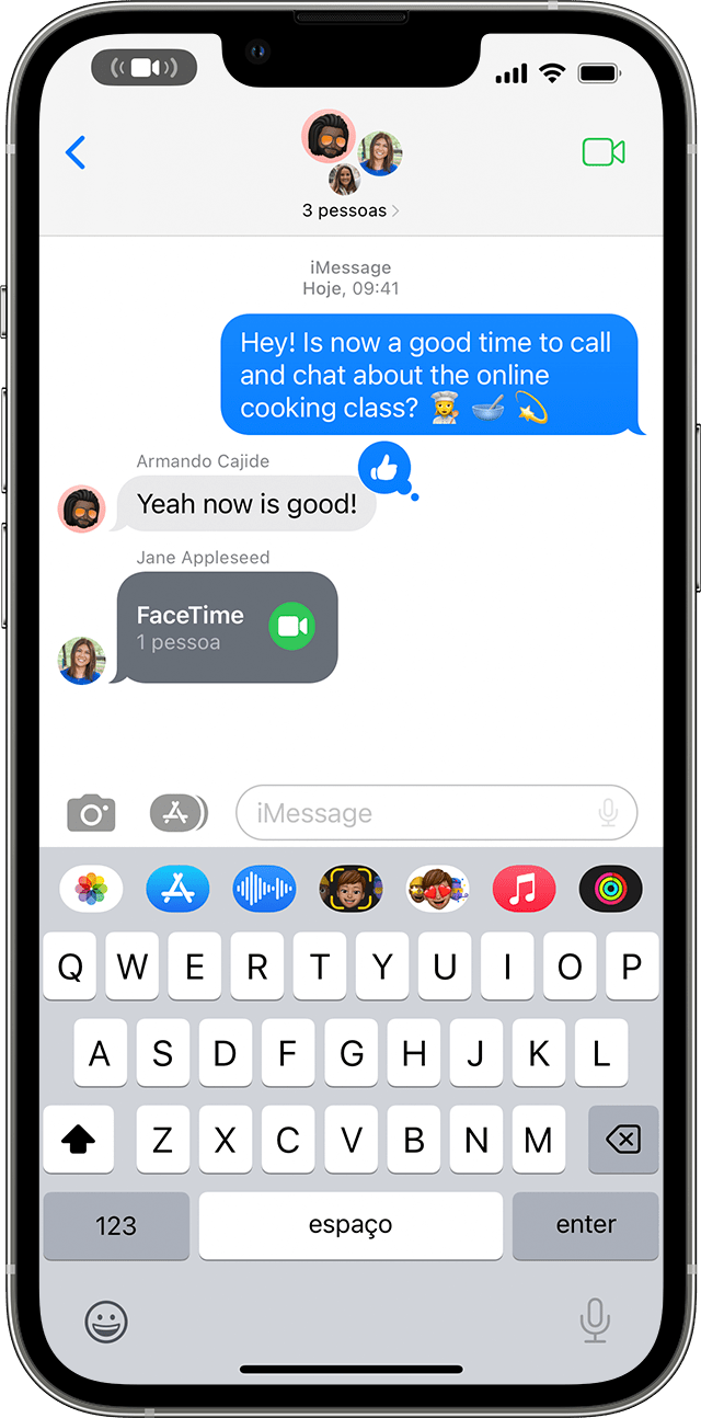 iPhone a mostrar como aderir a uma chamada do FaceTime a partir de uma mensagem de grupo
