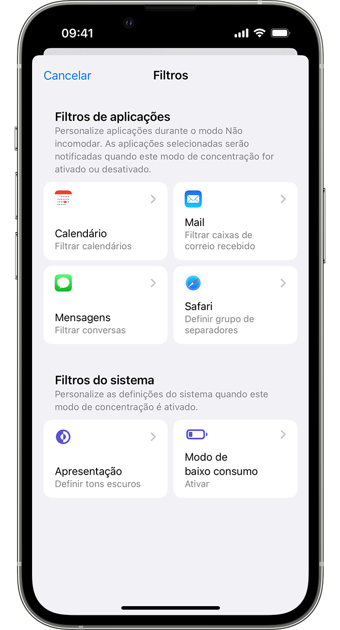Ecrã do iPhone a mostrar as definições dos filtros do modo de concentração, onde pode adicionar filtros de apps ou do sistema.