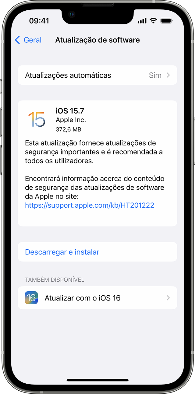 A app Definições no iPhone a mostrar opções para atualizar para o iOS 15.7 ou iOS 16.