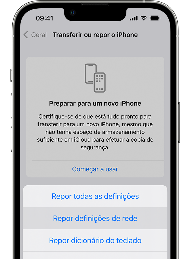 Um iPhone a mostrar o ecrã Transferir ou repor o iPhone. 