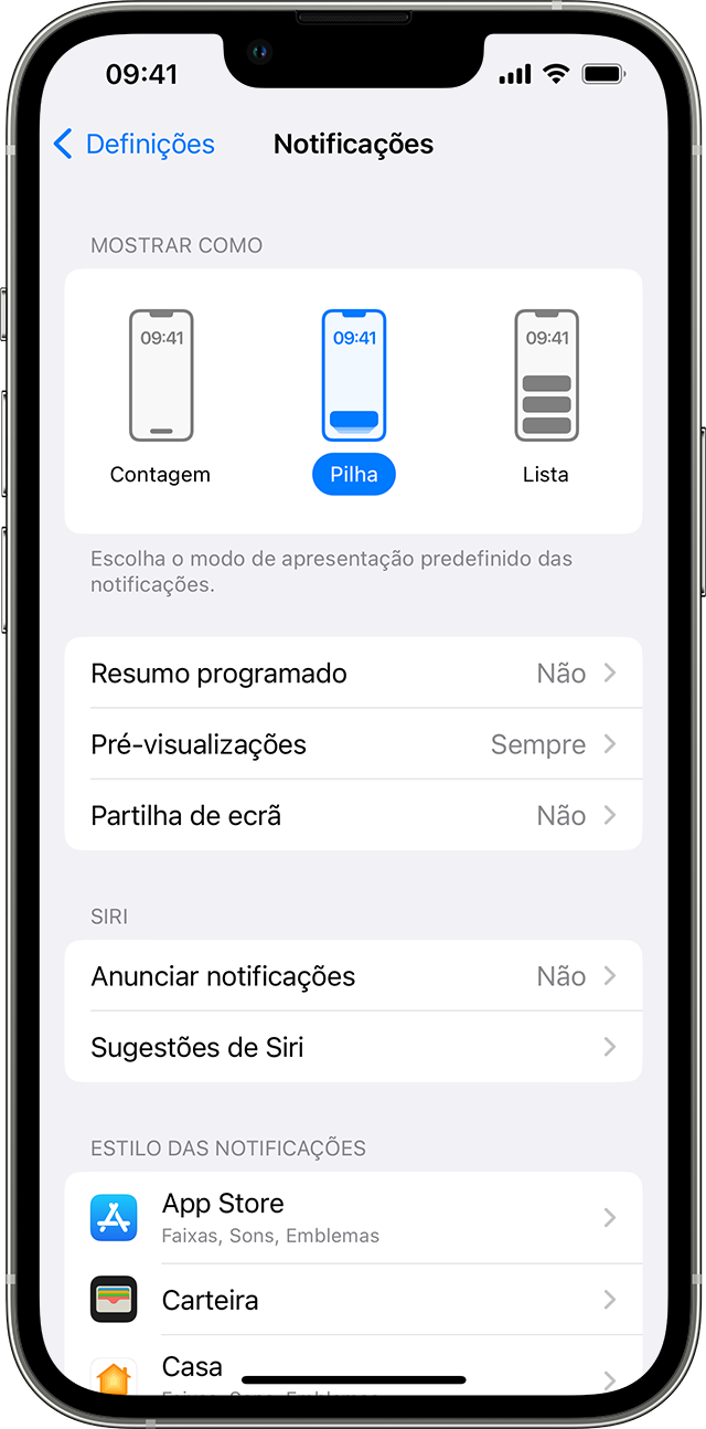 Um iPhone a mostrar as definições de Notificações com a opção de ecrã Pilha selecionada.