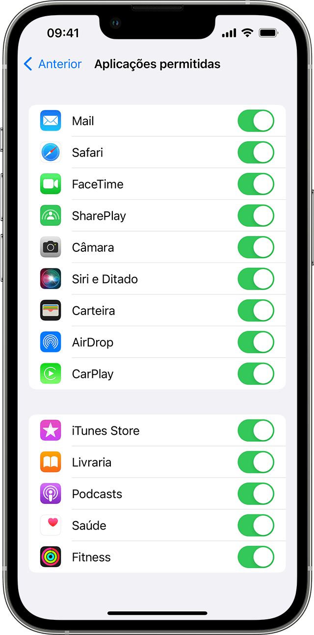 Um iPhone a mostrar o ecrã Aplicações permitidas. As apps selecionadas têm o respetivo botão ativado.