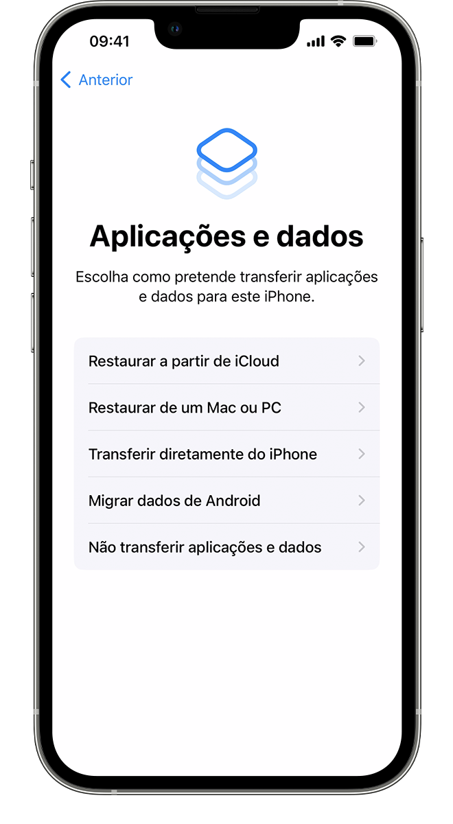 Um iPhone novo a mostrar o ecrã Aplicações e dados, onde pode selecionar como pretende transferir os dados para este dispositivo.